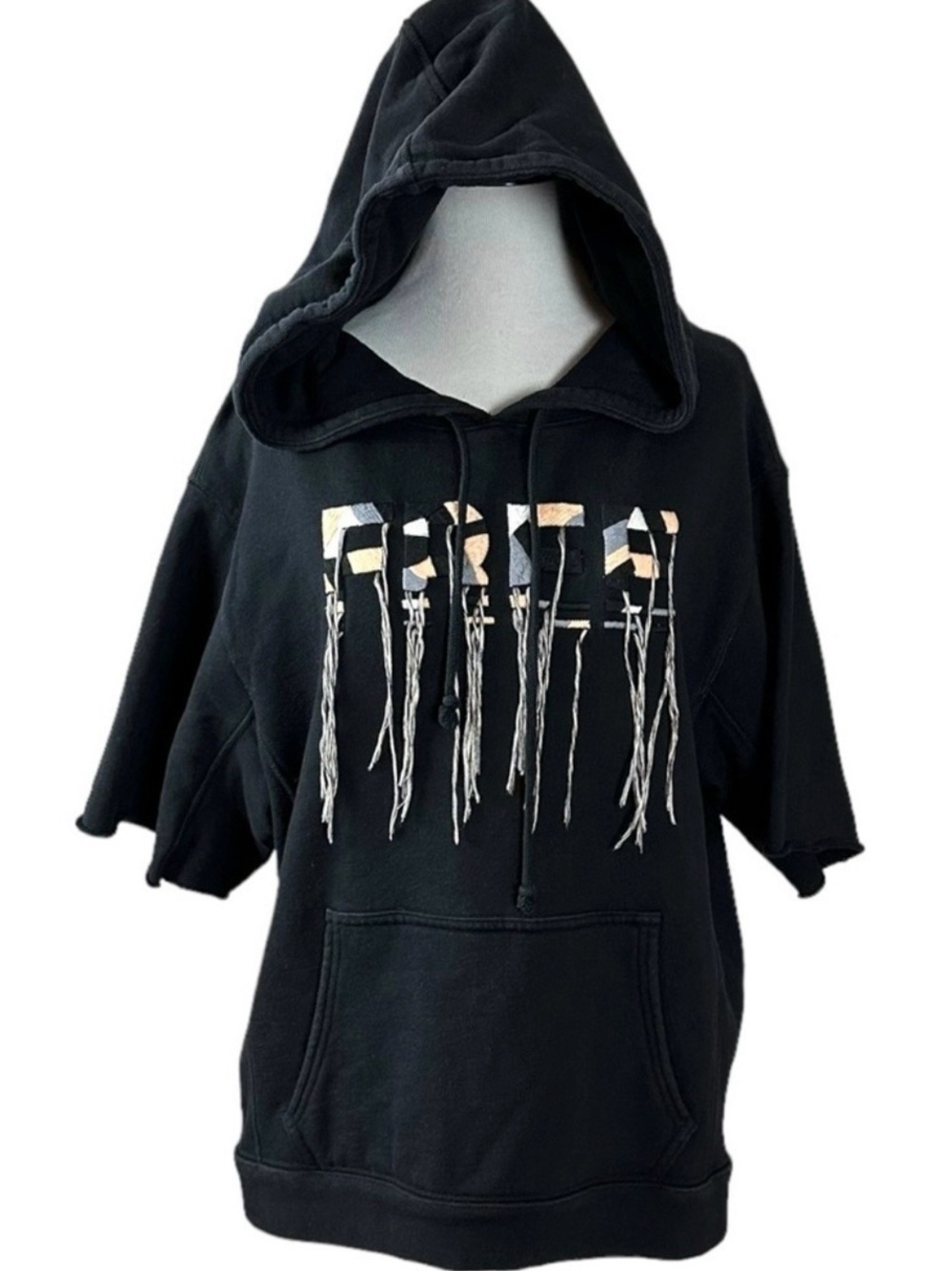 Free People FP Movement Fringe Muscle Hoodie Sweatshirt Black Medium Boxy Crop